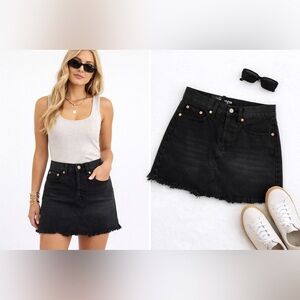 Umgee Black Denim Mini Skirt Raw Hem Button Fly High Rise Size 26 NWT Y2K Grunge